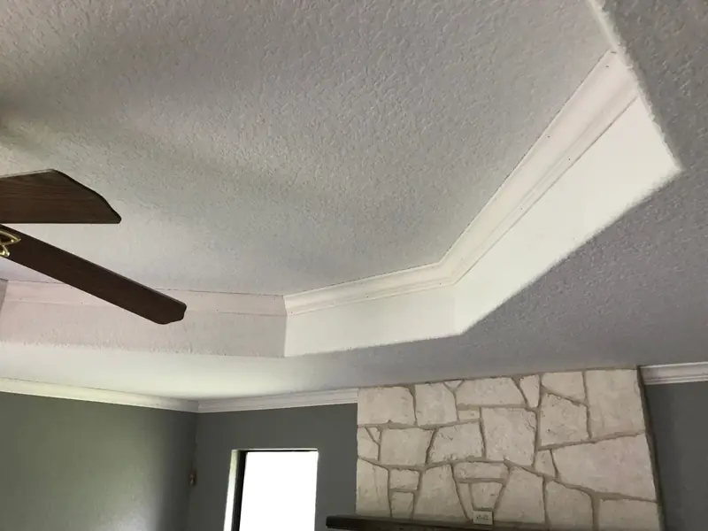 Tray ceiling with crown molding over a stone fireplace wall and fresh gray paint.